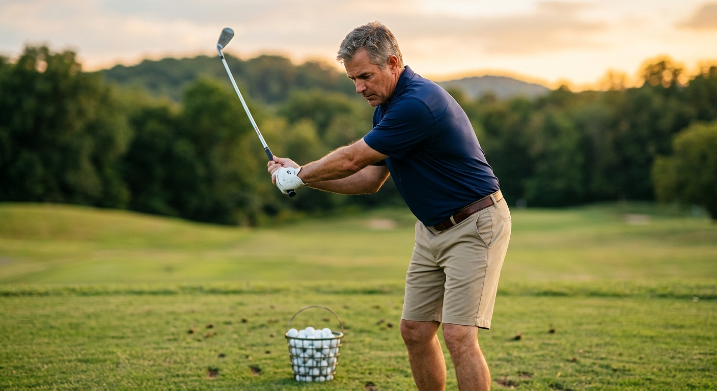 Golfer on the practice range at golden hour working his backswing