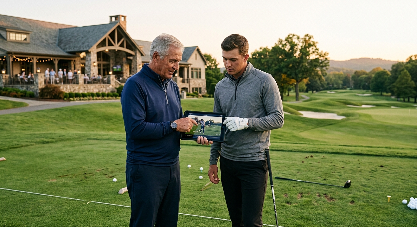 Tyler Ferrell style teaching pro reviewing swing data with a player