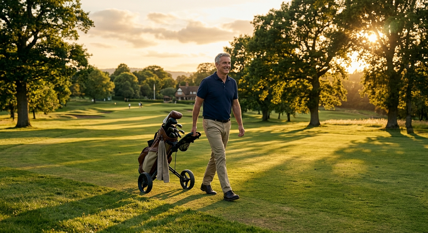 A golfer walking the fairway at golden hour
