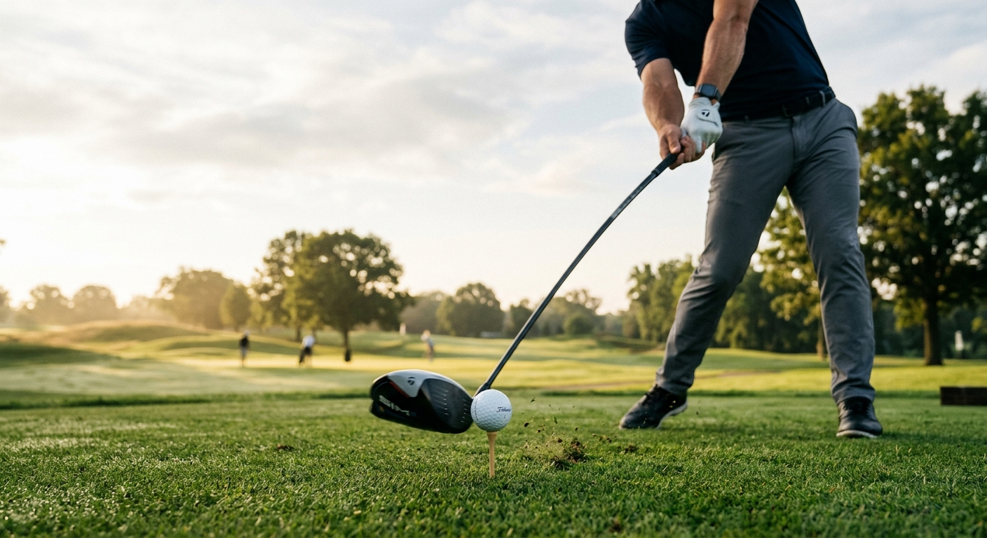 Driver at impact with a teed golf ball on a manicured tee box
