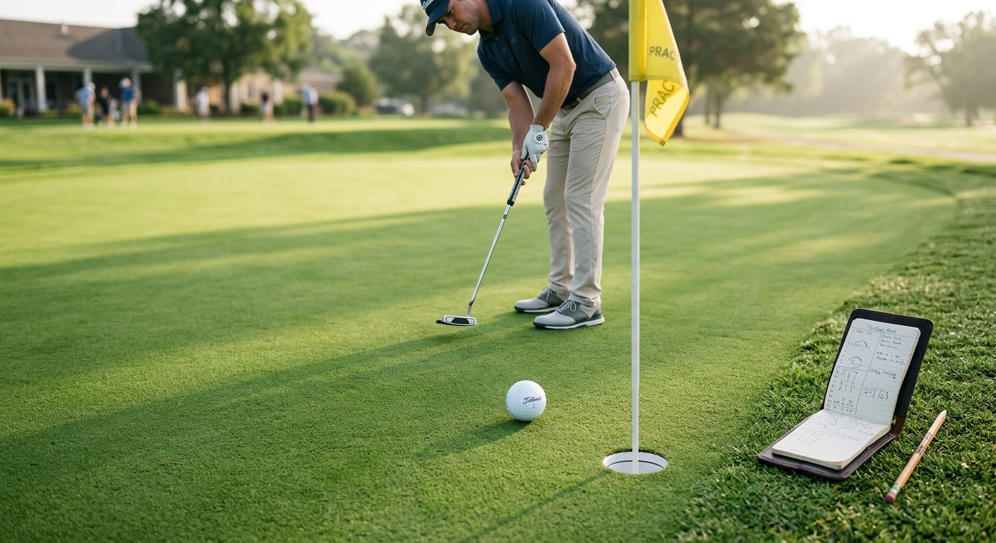 A golfer putting on a practice green with a yardage book beside the hole