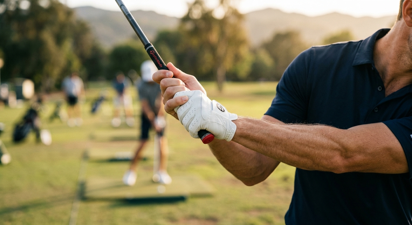 A close detail of a golfer's hands at the top of the backswing