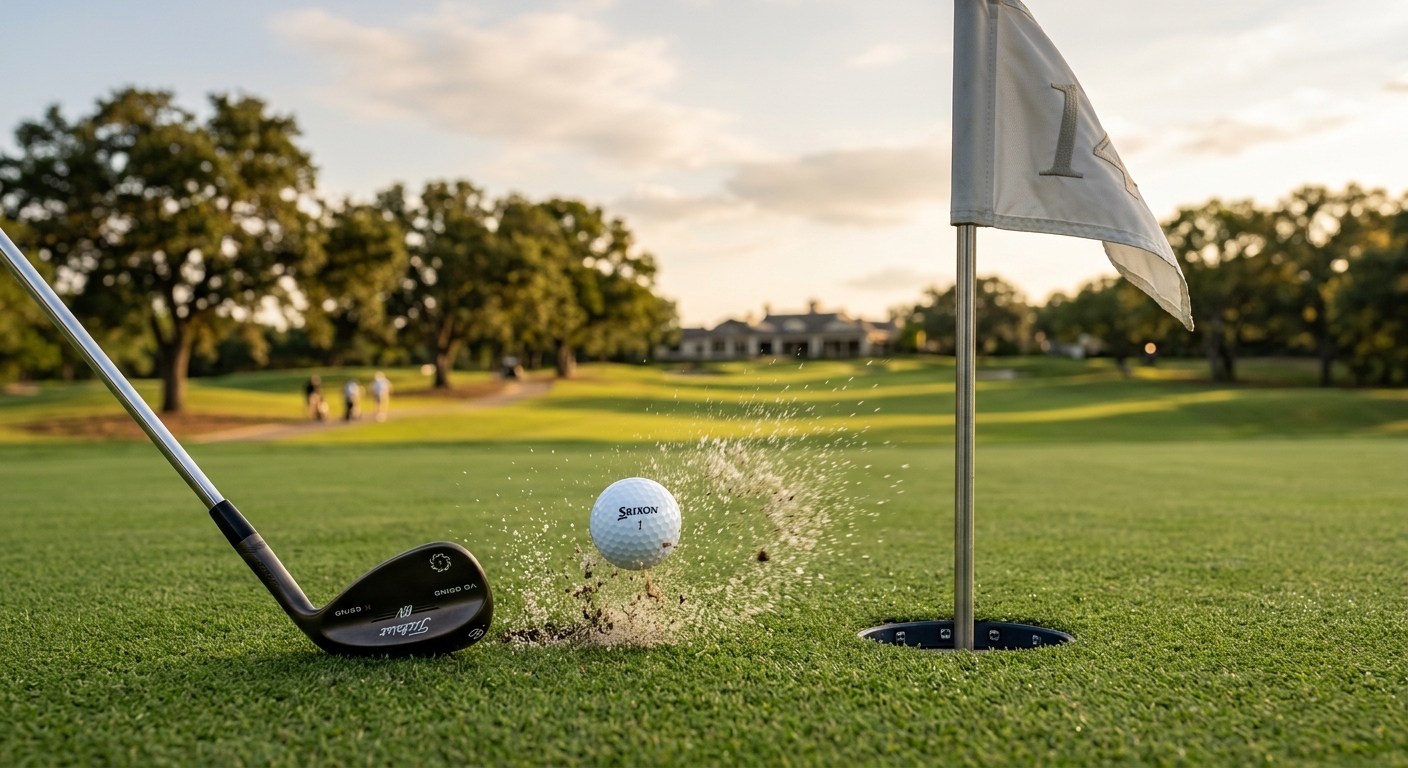 A wedge shot landing softly near the flagstick on a manicured green
