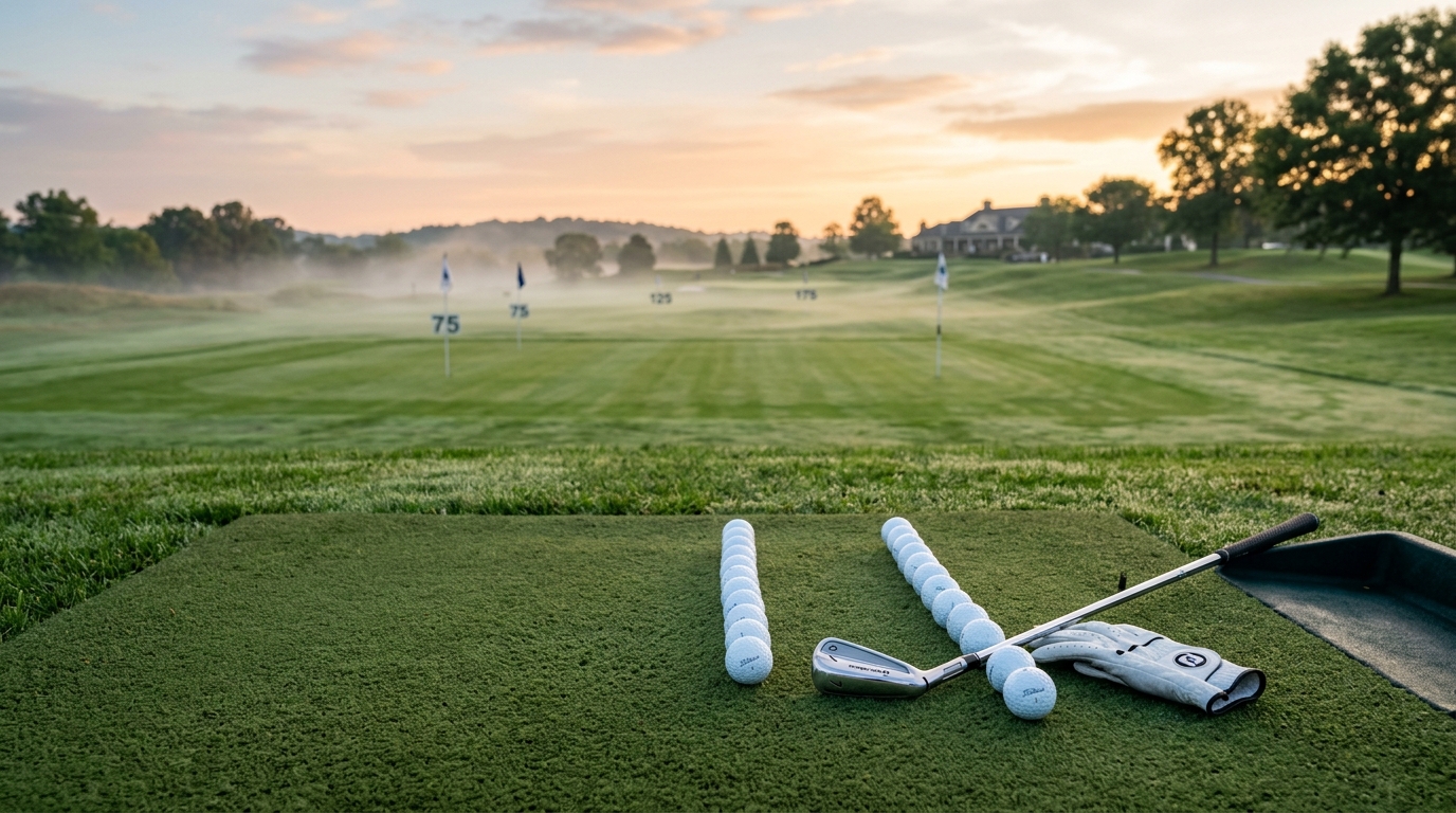 A quiet morning at the practice range, balls neatly stacked beside a club and glove