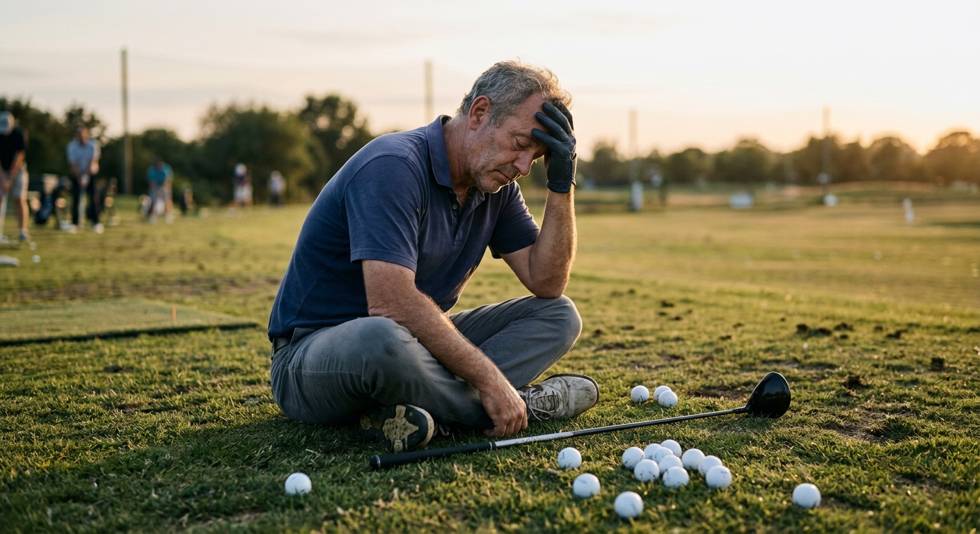 A golfer on the range with his head in his hand, balls scattered around him